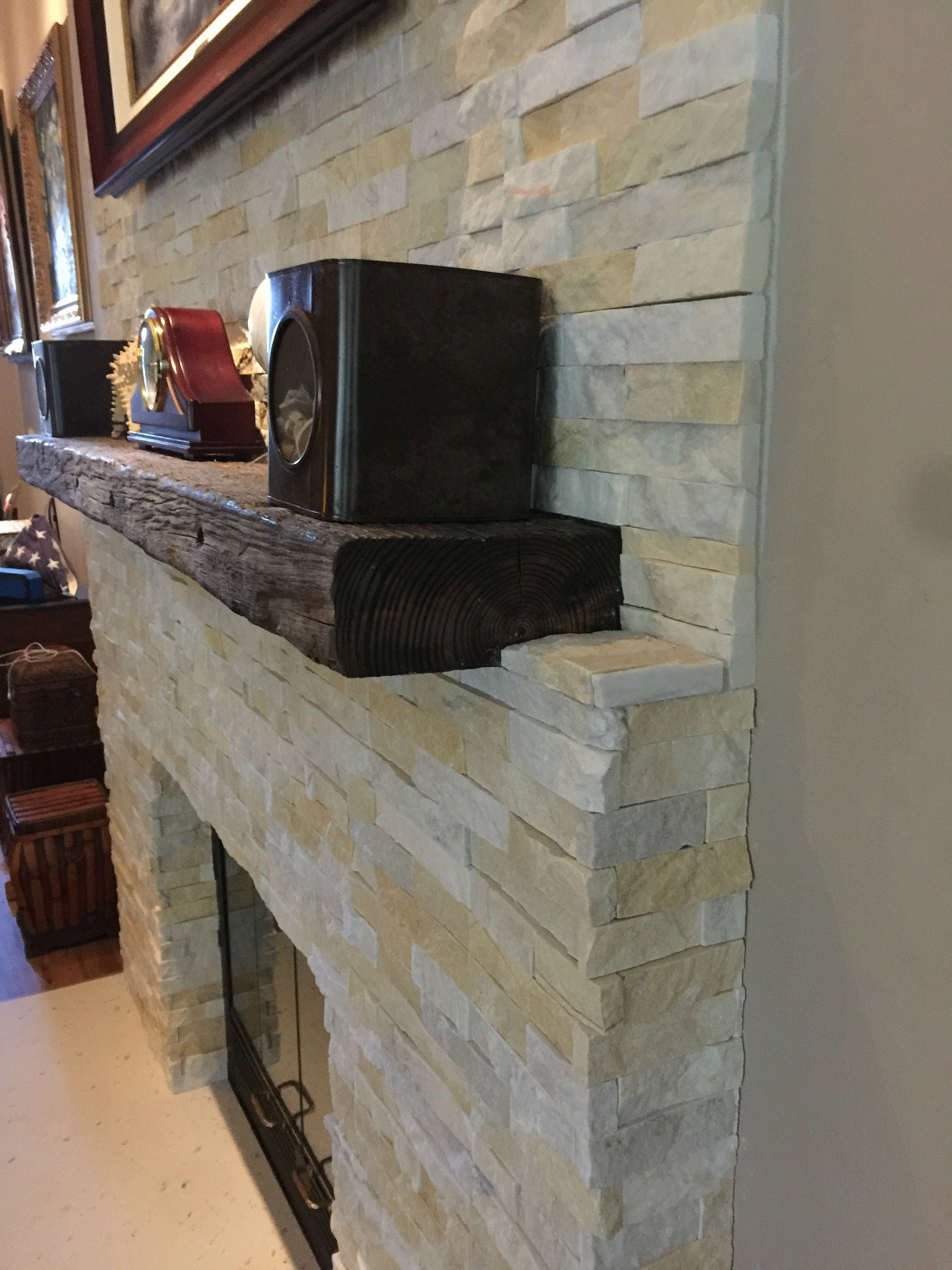 Norstone Natural End Stone Veneer Panels and Outside Finger Jointed Corner Units used in a residential fireplace remodel project